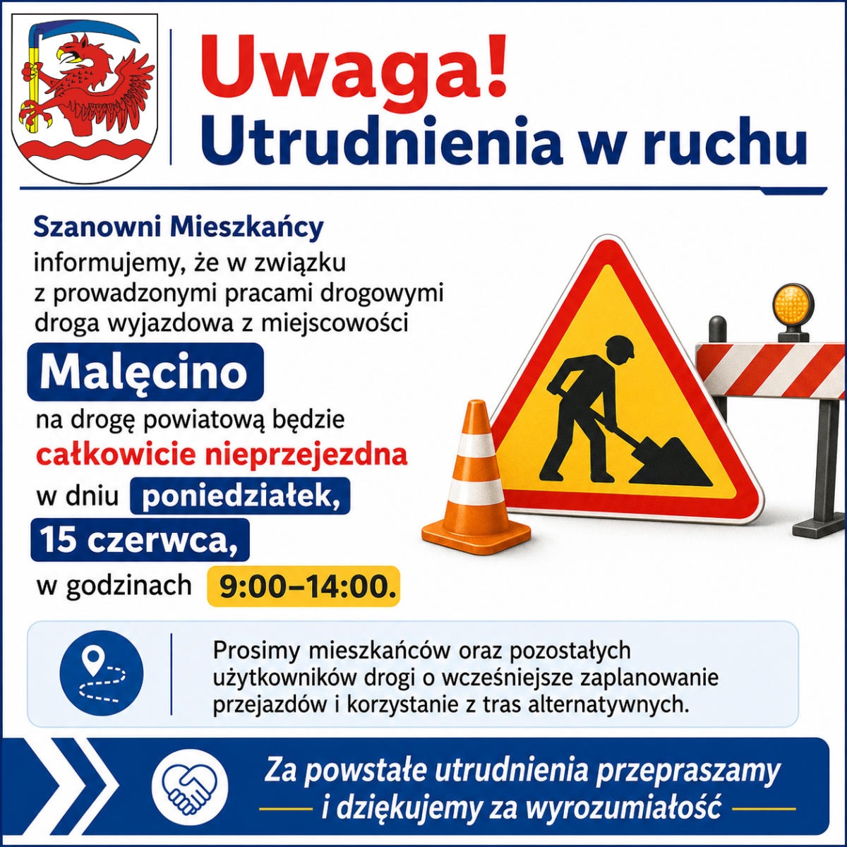 Zdjęcie: Utrudnienia w ruchu - prace drogowe w Malęcinie